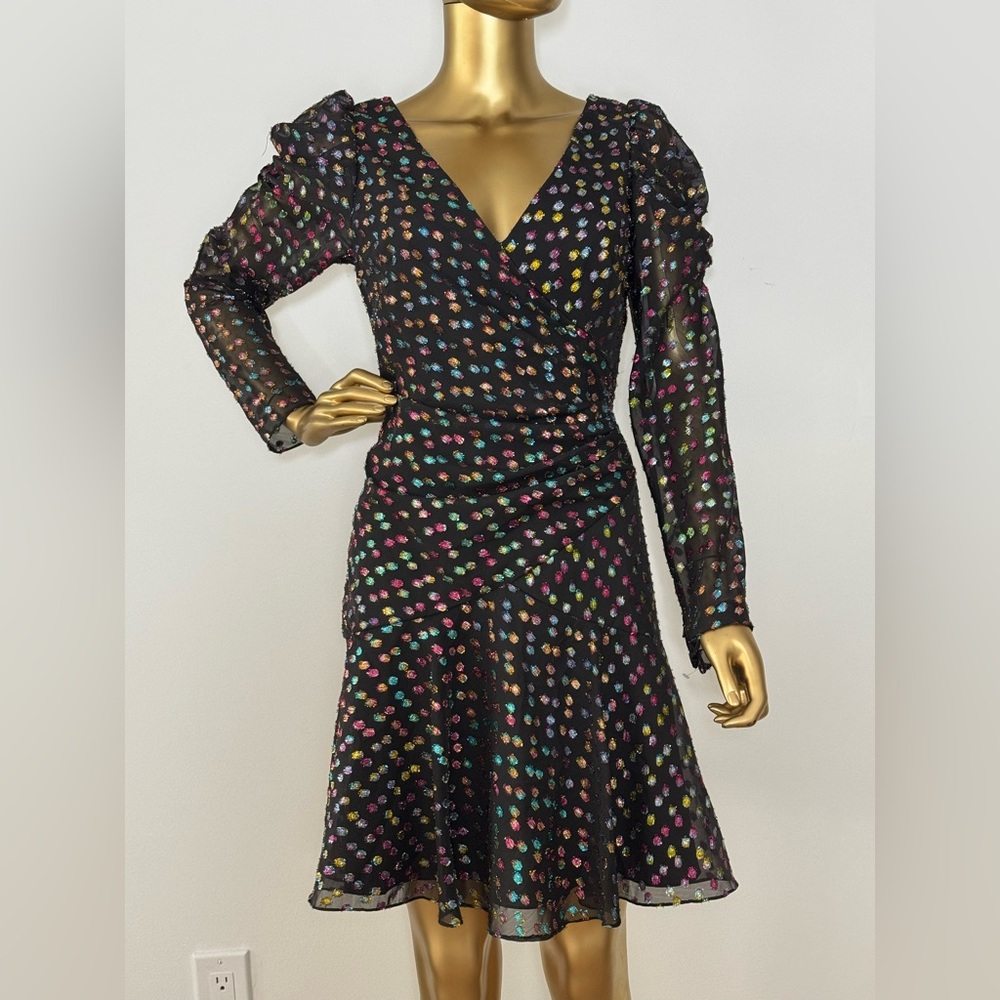 Marchesa Notte Black Chiffon Mini Dress Metallic Multicolor Polka Dot ~ Size 10